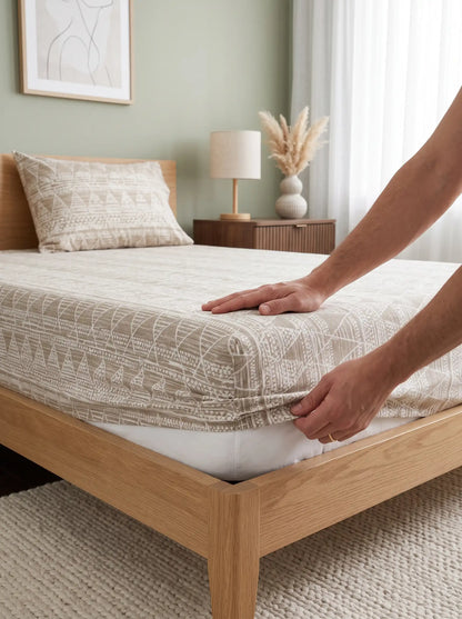 Soft Feel Brown Geometric Cotton King Bedsheet Set
