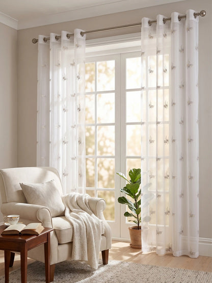 Evabella Abstract Linear Embroidered Sheer Grommet Curtains | 100% Polyester