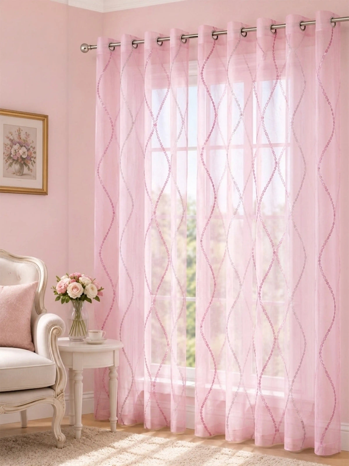 Evabella Embroidered Ogee Trellis Sheer Grommet Curtains | 100% Polyester