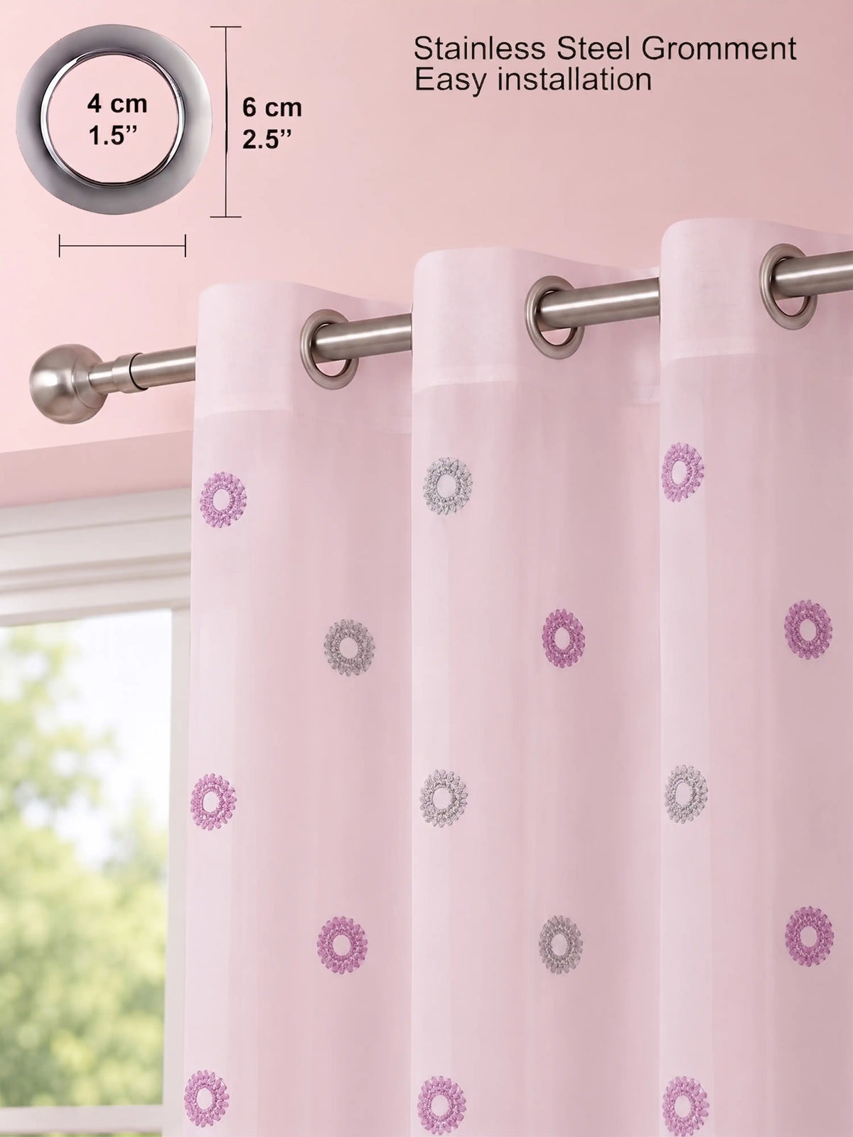 Evabella Elegant Circular Embroidery Sheer Grommet Curtains | 6 colors and 3 lengths
