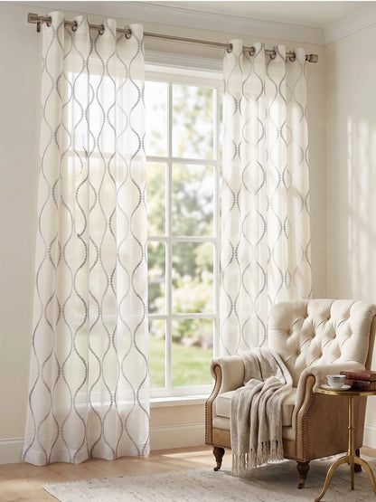 Evabella Embroidered Ogee Trellis Sheer Grommet Curtains | 100% Polyester