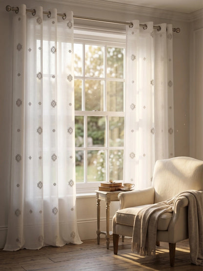 Evabella Embroidered Geometric Diamond Sheer Grommet Curtains | 100% Polyester