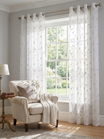 Evabella Embroidered Leaf Vine Sheer Grommet Curtains | 100% Polyester