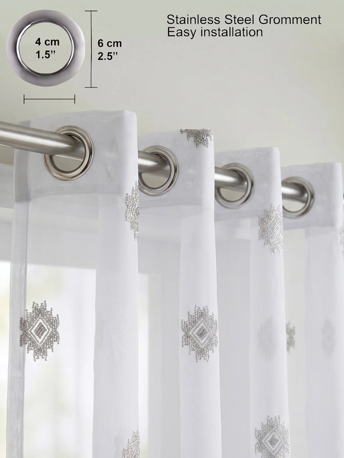 Evabella Embroidered Geometric Diamond Sheer Grommet Curtains | 100% Polyester