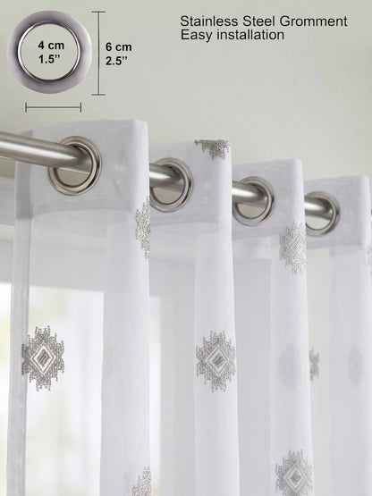 Evabella Embroidered Geometric Diamond Sheer Grommet Curtains | 100% Polyester