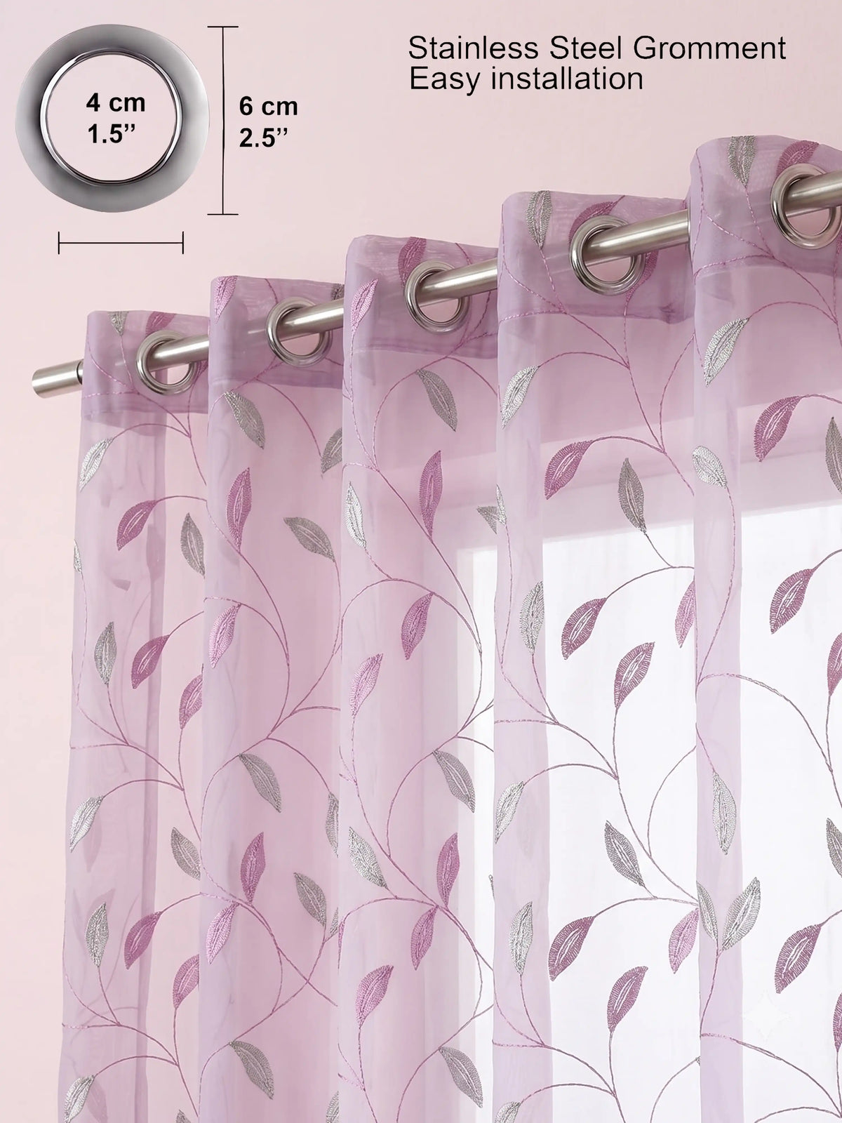 Evabella Embroidered Leaf Vine Sheer Grommet Curtains | 100% Polyester