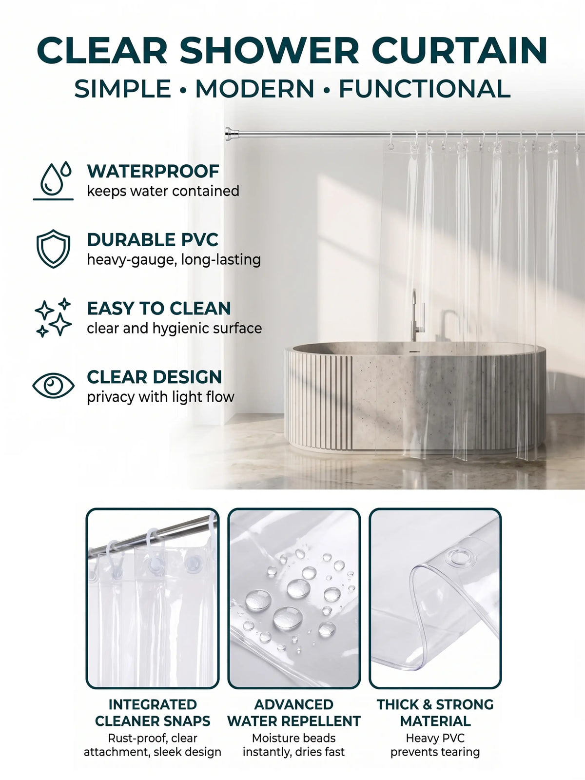 Atoz Home Decor Clear PVC Shower Curtain with 9 Hooks | 84x54 Inch