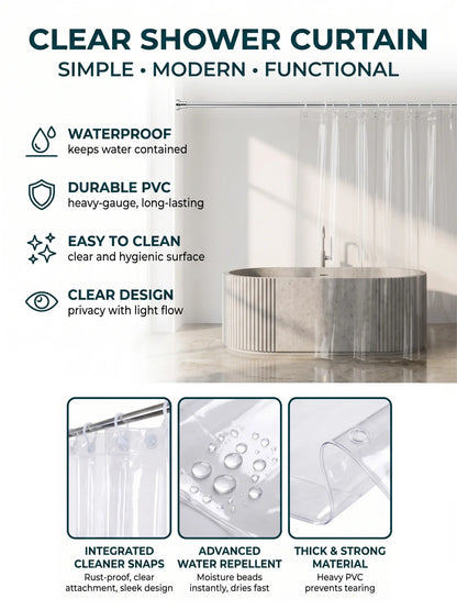 Atoz Home Decor Clear PVC Shower Curtain with 9 Hooks | 84x54 Inch