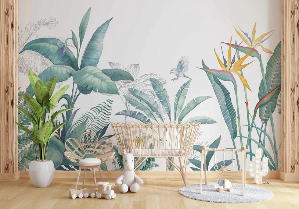 AtoZ Home Decor Tropical Greeny Leaves & Bird of Paradise Wall Mural Wallpaper - Custom & Standard Sizes