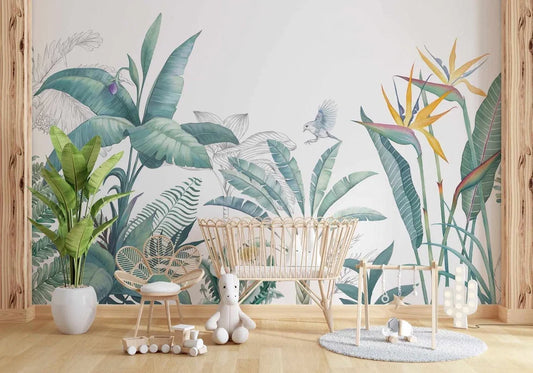 AtoZ Home Decor Tropical Greeny Leaves & Bird of Paradise Wall Mural Wallpaper - Custom & Standard Sizes