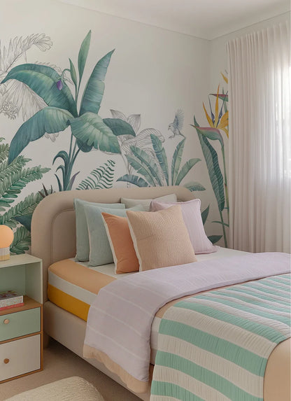 AtoZ Home Decor Tropical Greeny Leaves & Bird of Paradise Wall Mural Wallpaper - Custom & Standard Sizes