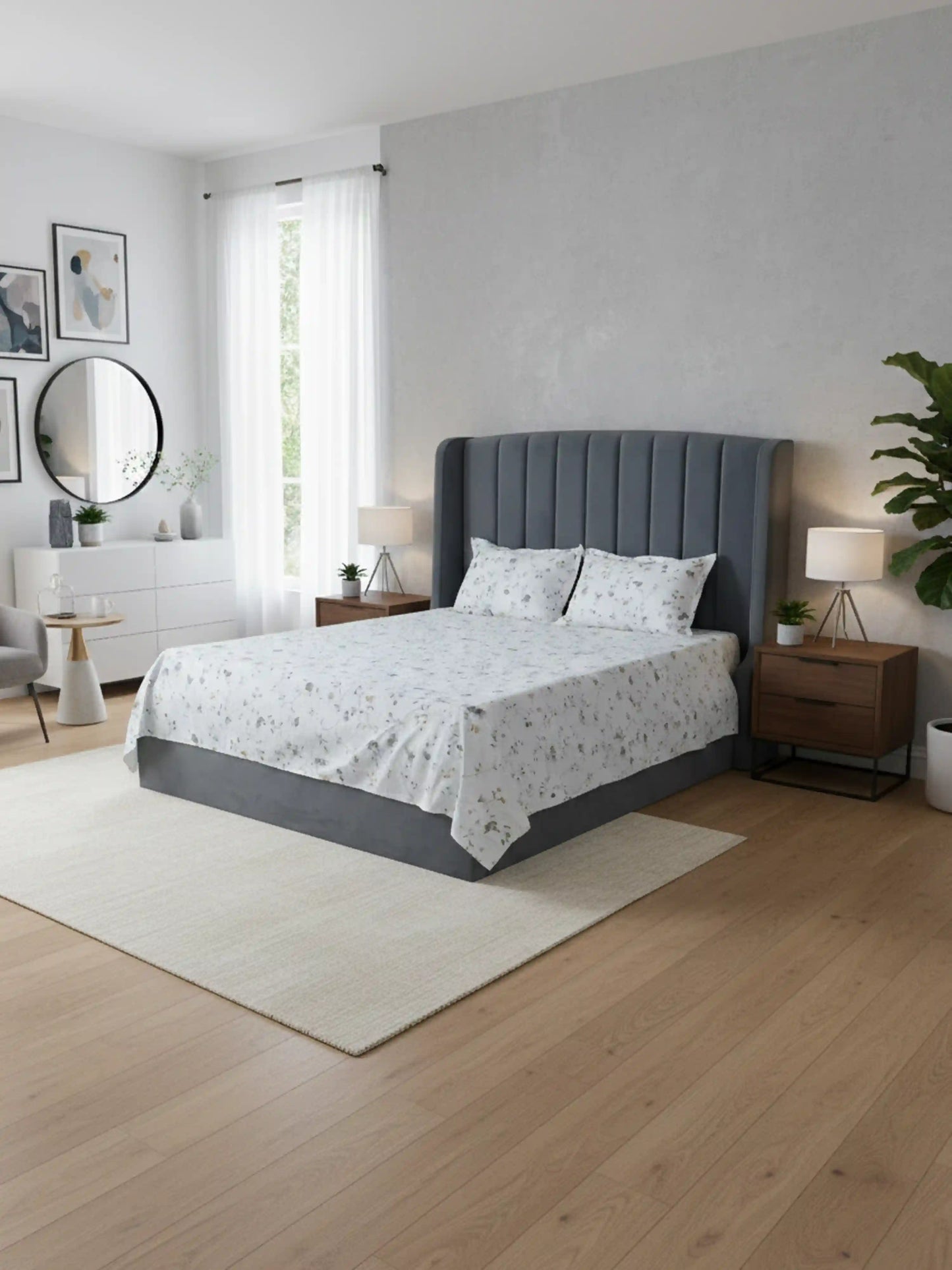 Soft Feel Grey Floral Vine Cotton Double Bedsheet Set