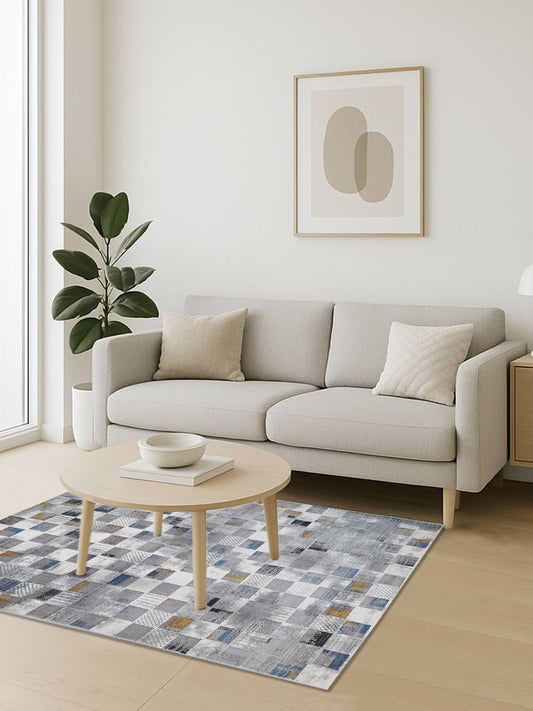 Patchwork Checkered Carpet – Modern Grey Blue Rug for Living Room & Bedroom