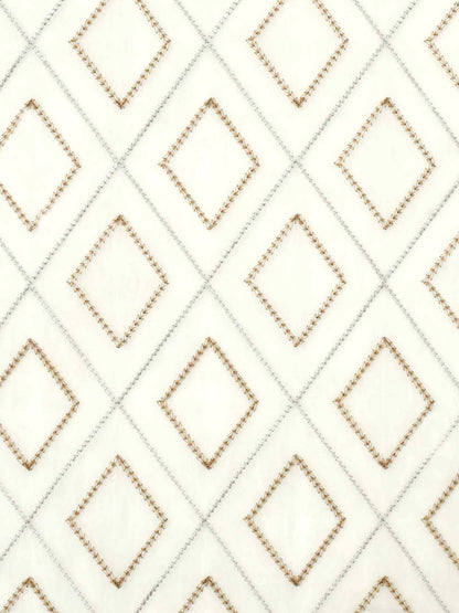 White Curtain Fabric with Brown Diamond Lattice Embroidery – 4ft & 10ft Widths