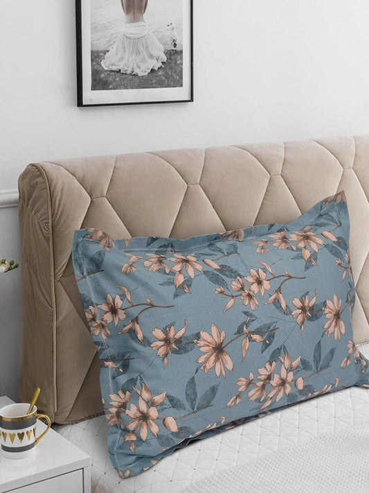 Sky Blue Floral Pillow Cover Set – Premium Cotton Botanical Print – Set of 2