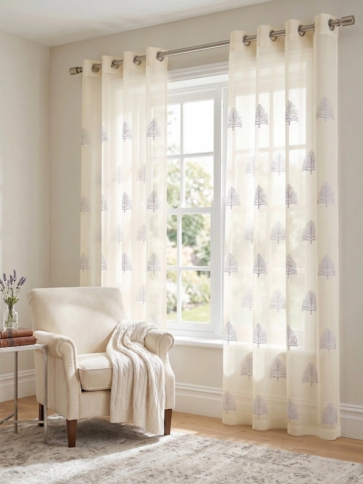Evabella Embroidered Pine Tree Sheer Grommet Curtains | 100% Polyester