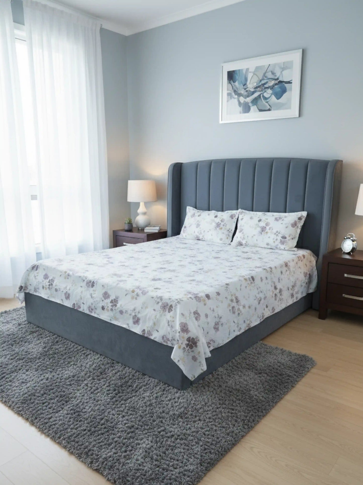 Classic Grey Floral Cotton Double Bedsheet Set