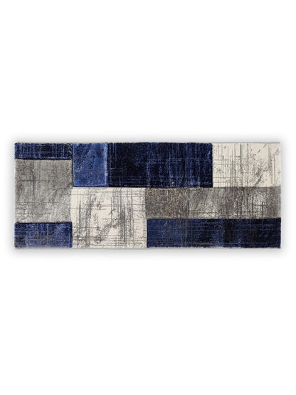 Blue Grey Abstract Block Runner – Modern Plush Textured Runner