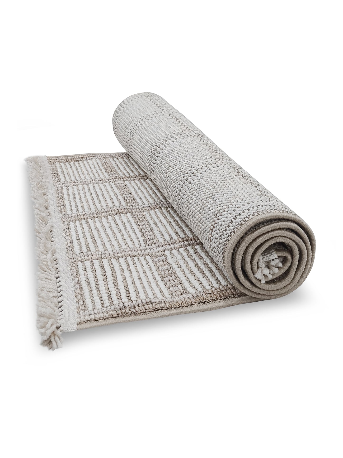 Ivory & Taupe Grid Pattern Cotton Runner – Modern Handwoven Bedside & Hallway Carpet