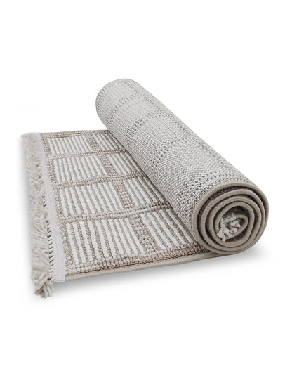 Ivory & Taupe Grid Pattern Cotton Runner – Modern Handwoven Bedside & Hallway Carpet
