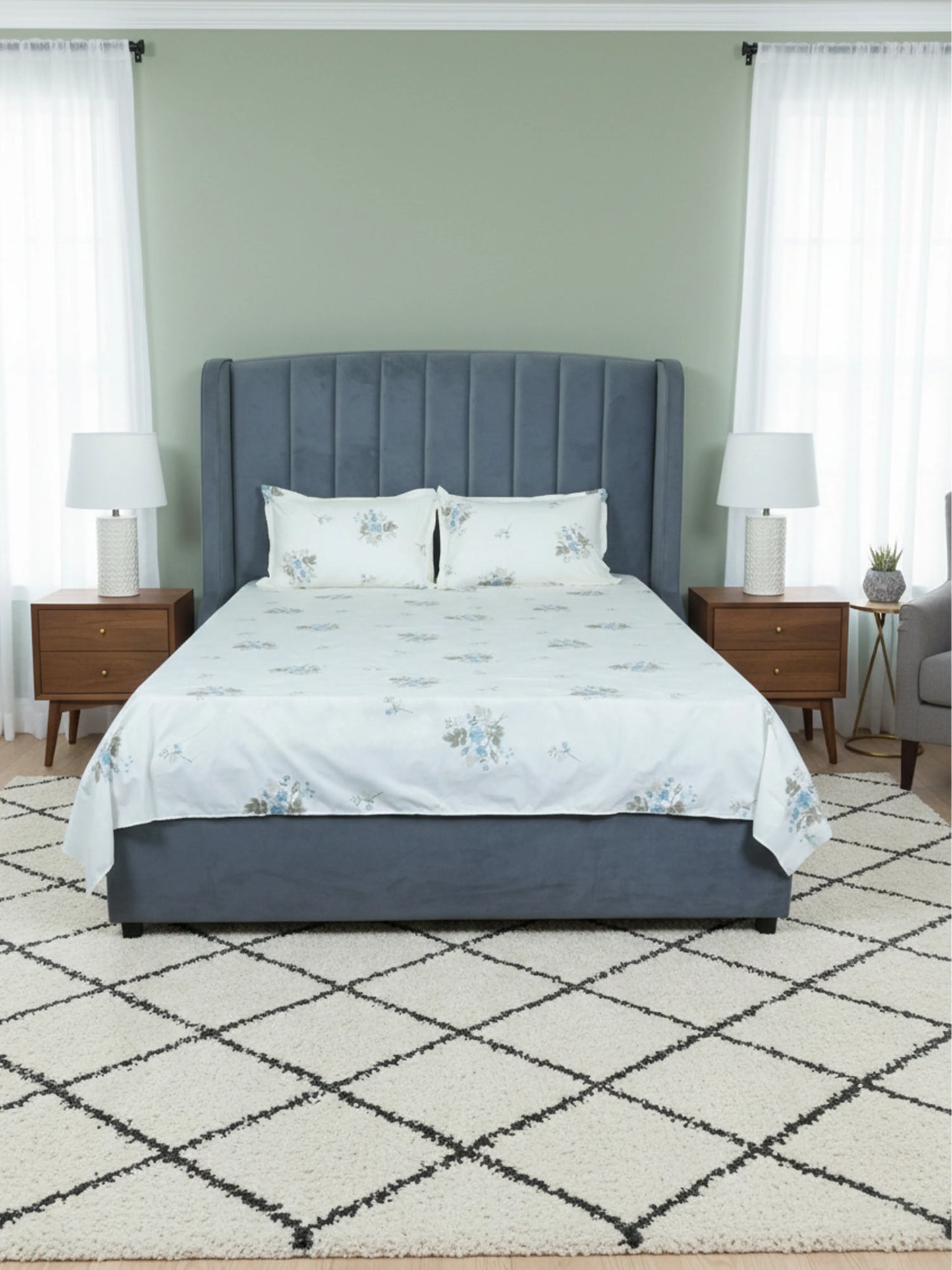 Soft Feel Blue Floral Vine Cotton Double Bedsheet Set