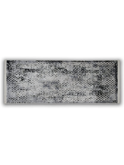 Grey White Distressed Grid Runner – Modern Abstract Textured Runner