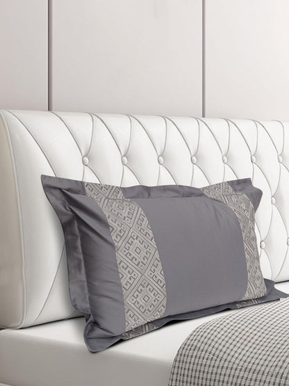 Grey Geometric Embroidered Pillow Cover Set – Premium Cotton – Set of 2
