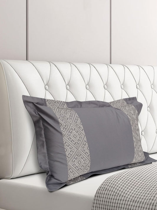 Grey Geometric Embroidered Pillow Cover Set – Premium Cotton – Set of 2