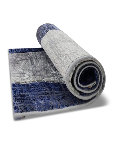 Blue Grey Abstract Block Runner – Modern Plush Textured Runner
