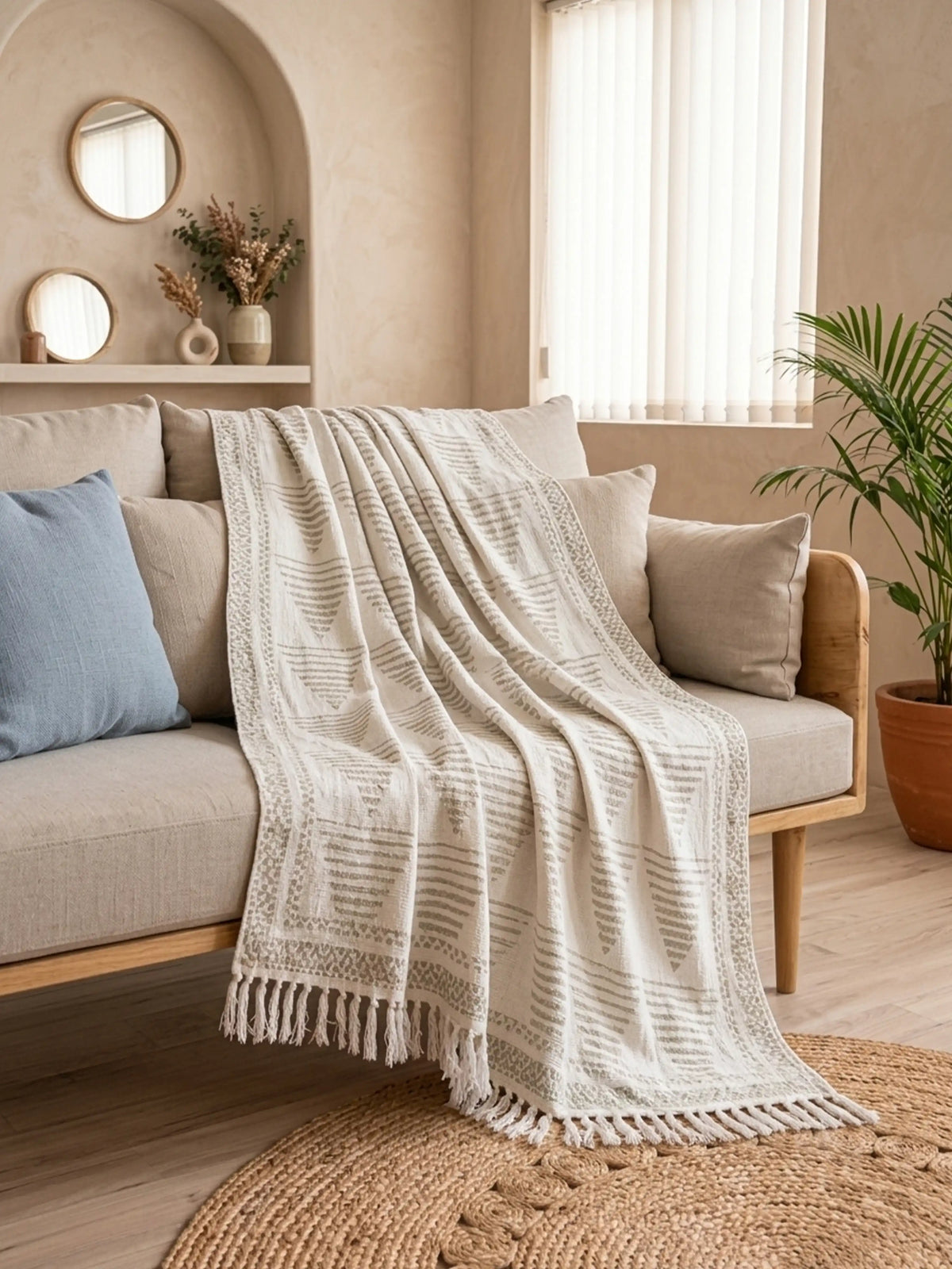 Atoz Home Decor Traditional Sanganeri Block Printed Cotton-Jute Throw with Fringe (130 x 170 cm)