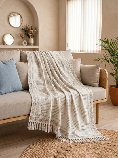 Atoz Home Decor Traditional Sanganeri Block Printed Cotton-Jute Throw with Fringe (130 x 170 cm)