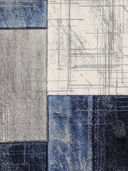 Blue Grey Block Pattern Carpet – Modern Geometric Rug for Living Room