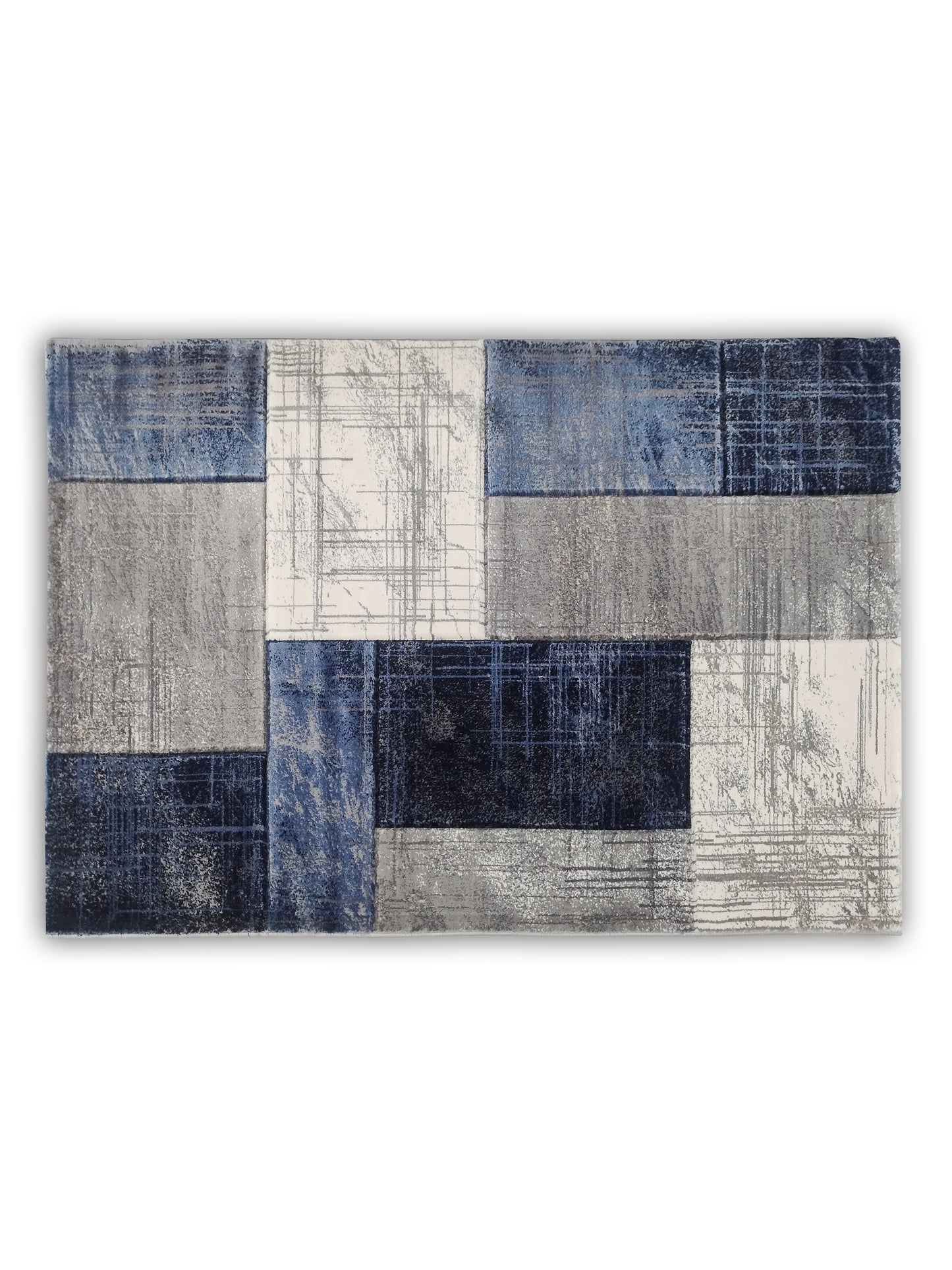Blue Grey Block Pattern Carpet – Modern Geometric Rug for Living Room