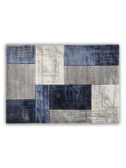 Blue Grey Block Pattern Carpet – Modern Geometric Rug for Living Room