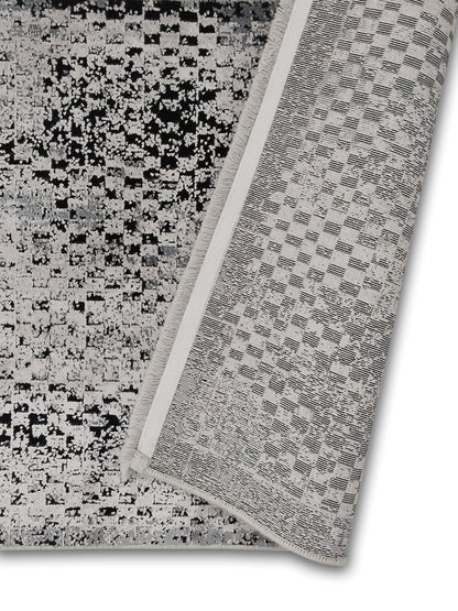 Grey White Distressed Grid Runner – Modern Abstract Textured Runner