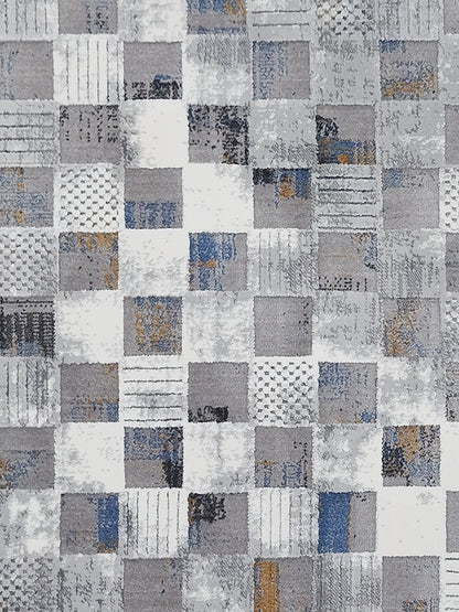Patchwork Checkered Carpet – Modern Grey Blue Rug for Living Room & Bedroom