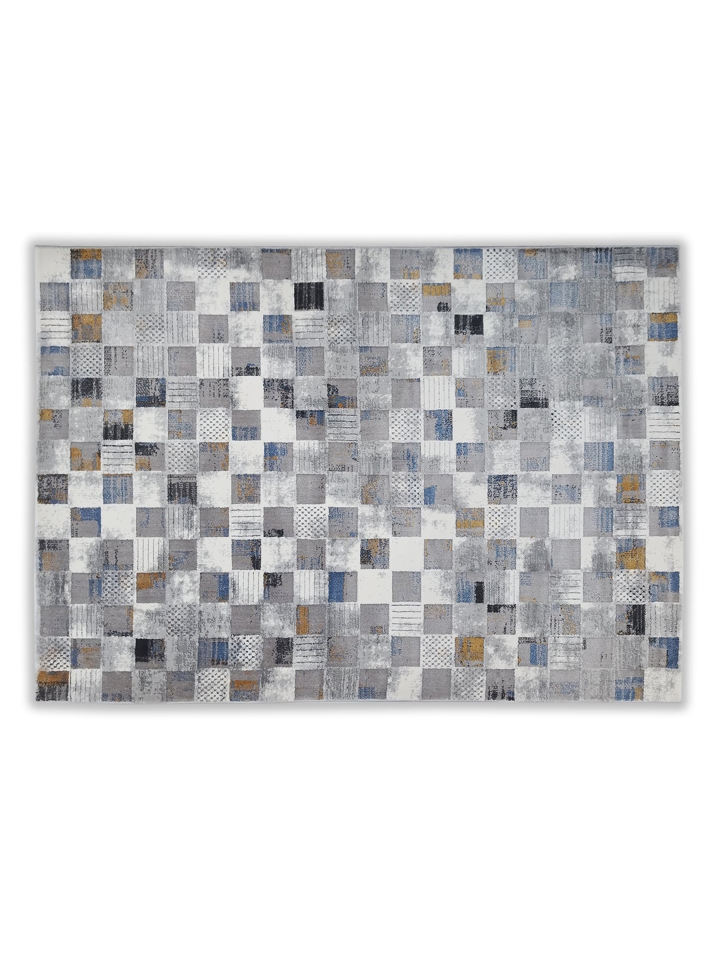 Patchwork Checkered Carpet – Modern Grey Blue Rug for Living Room & Bedroom