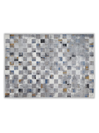Patchwork Checkered Carpet – Modern Grey Blue Rug for Living Room & Bedroom