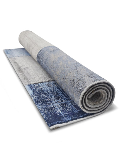 Blue Grey Block Pattern Carpet – Modern Geometric Rug for Living Room