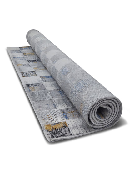 Patchwork Checkered Carpet – Modern Grey Blue Rug for Living Room & Bedroom