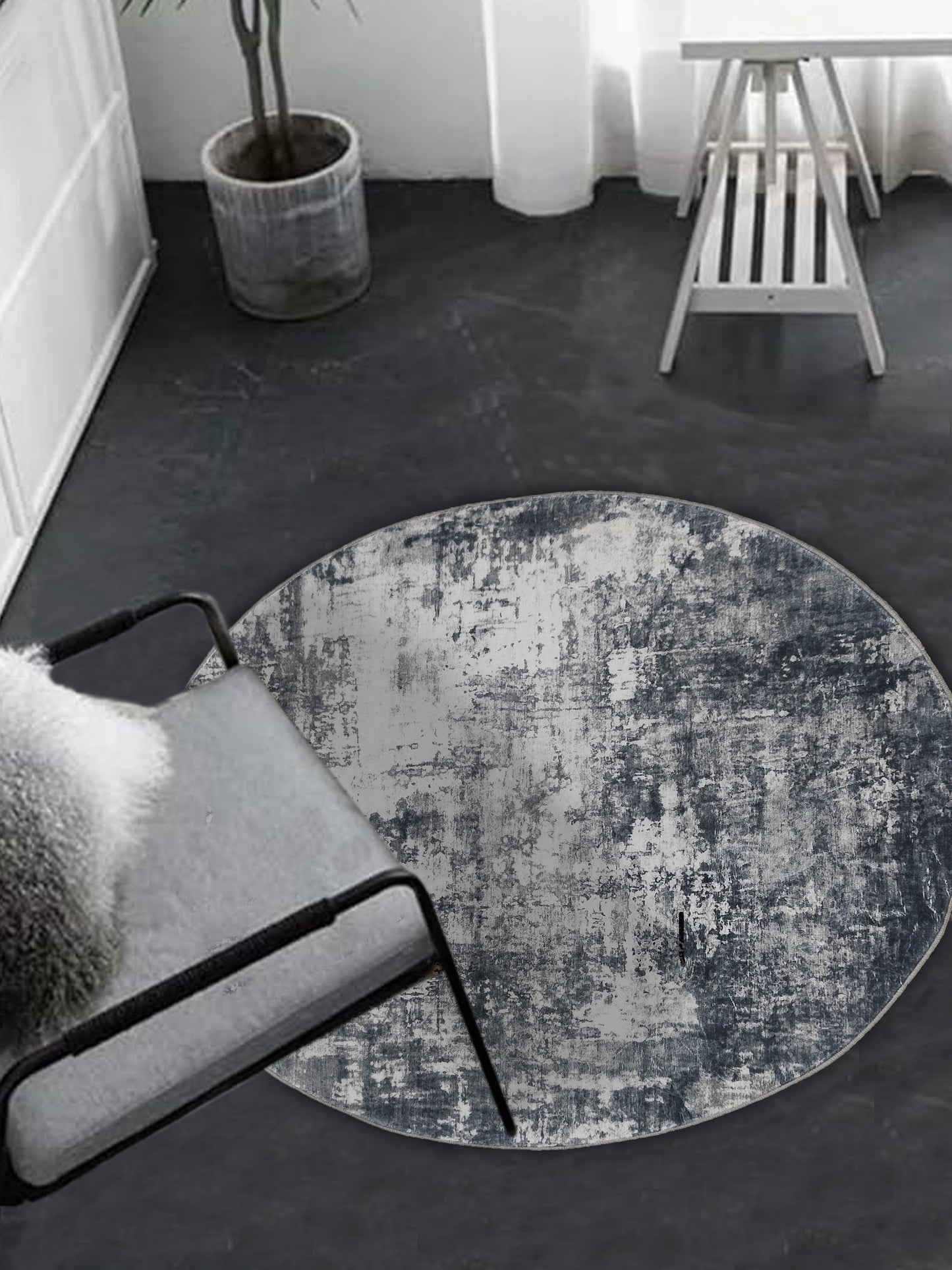 Abstract Grey Round Rug – Modern Carpet for Bedroom & Living Room