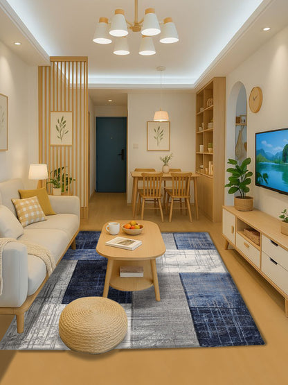 Blue Grey Block Pattern Carpet – Modern Geometric Rug for Living Room