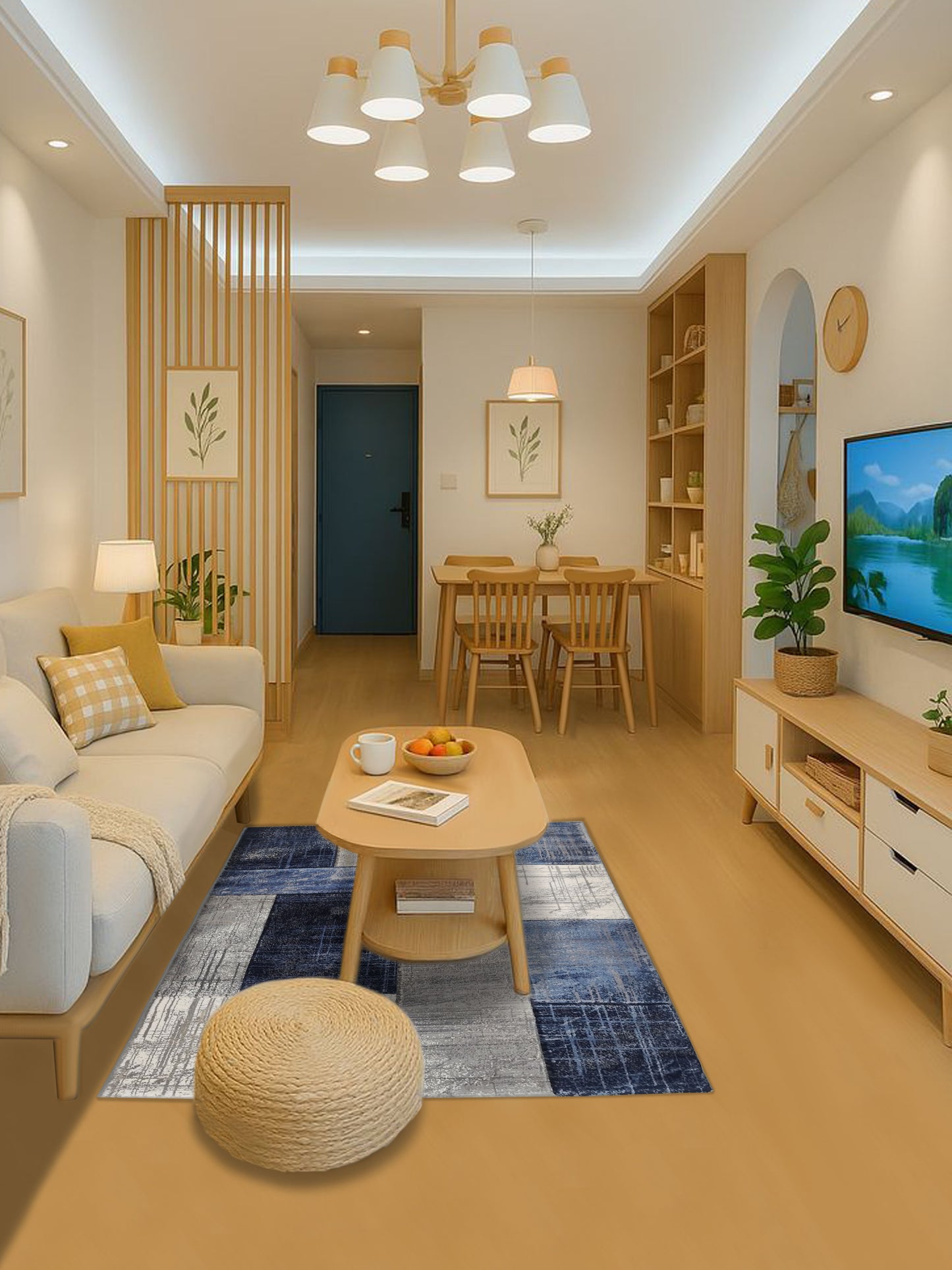 Blue Grey Block Pattern Carpet – Modern Geometric Rug for Living Room