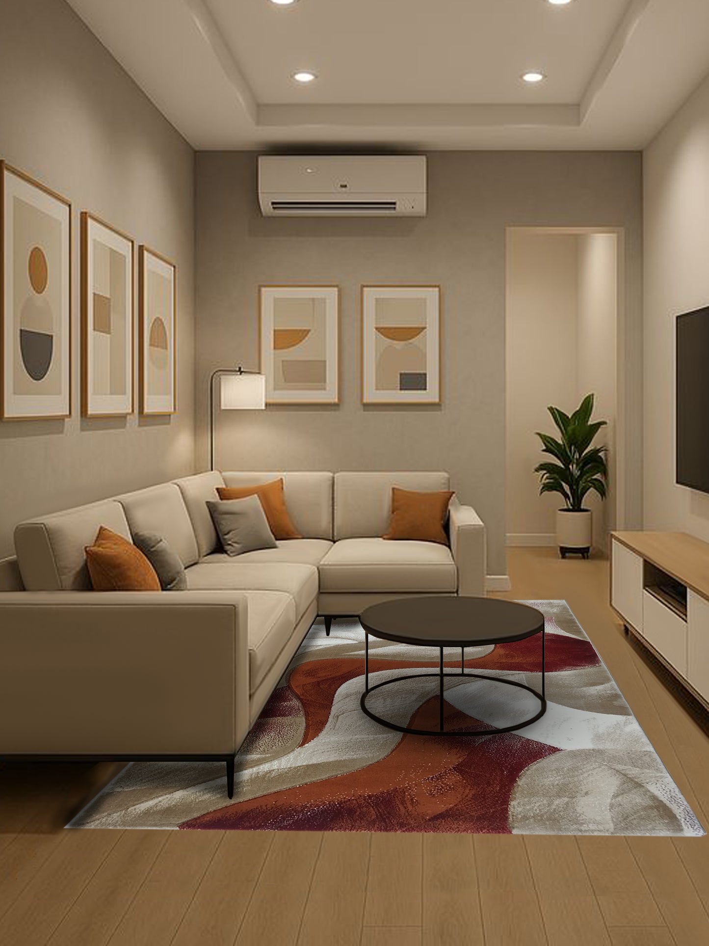 Rust Beige Abstract Carpet – Modern Artistic Rug for Living Room Decor