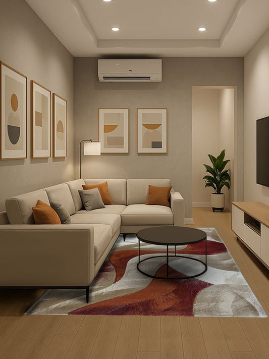 Rust Beige Abstract Carpet – Modern Artistic Rug for Living Room Decor