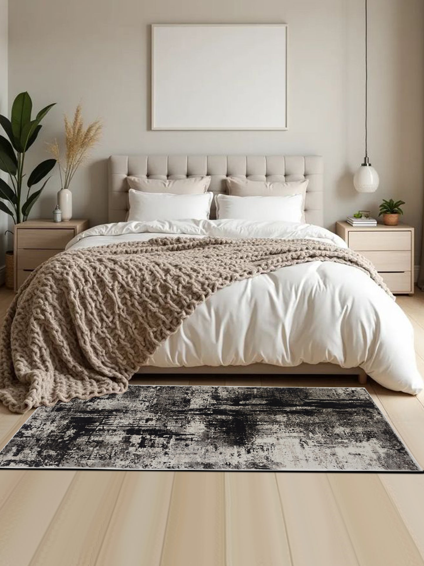 Black Grey Abstract Distressed Runner – Modern Plush Floor Runner