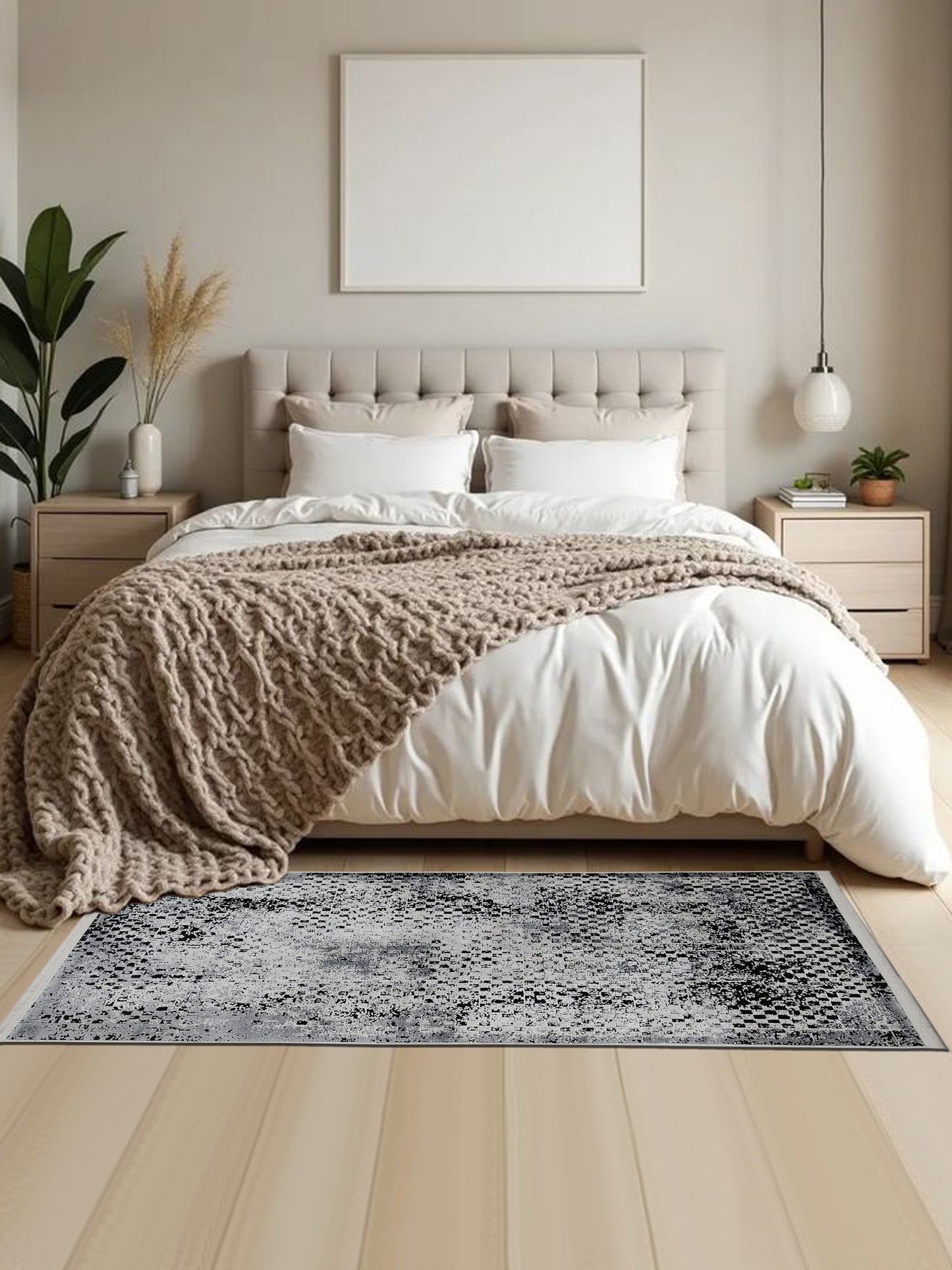 Grey White Distressed Grid Runner – Modern Abstract Textured Runner