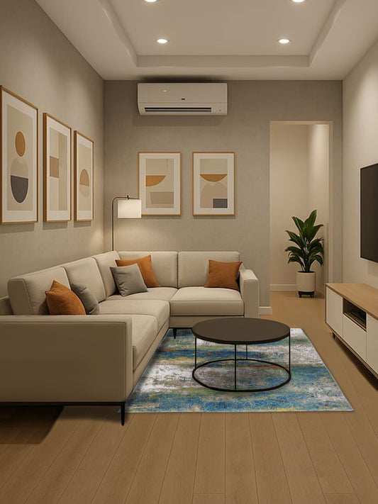 Blue & Grey Abstract Carpet – Artistic Modern Design