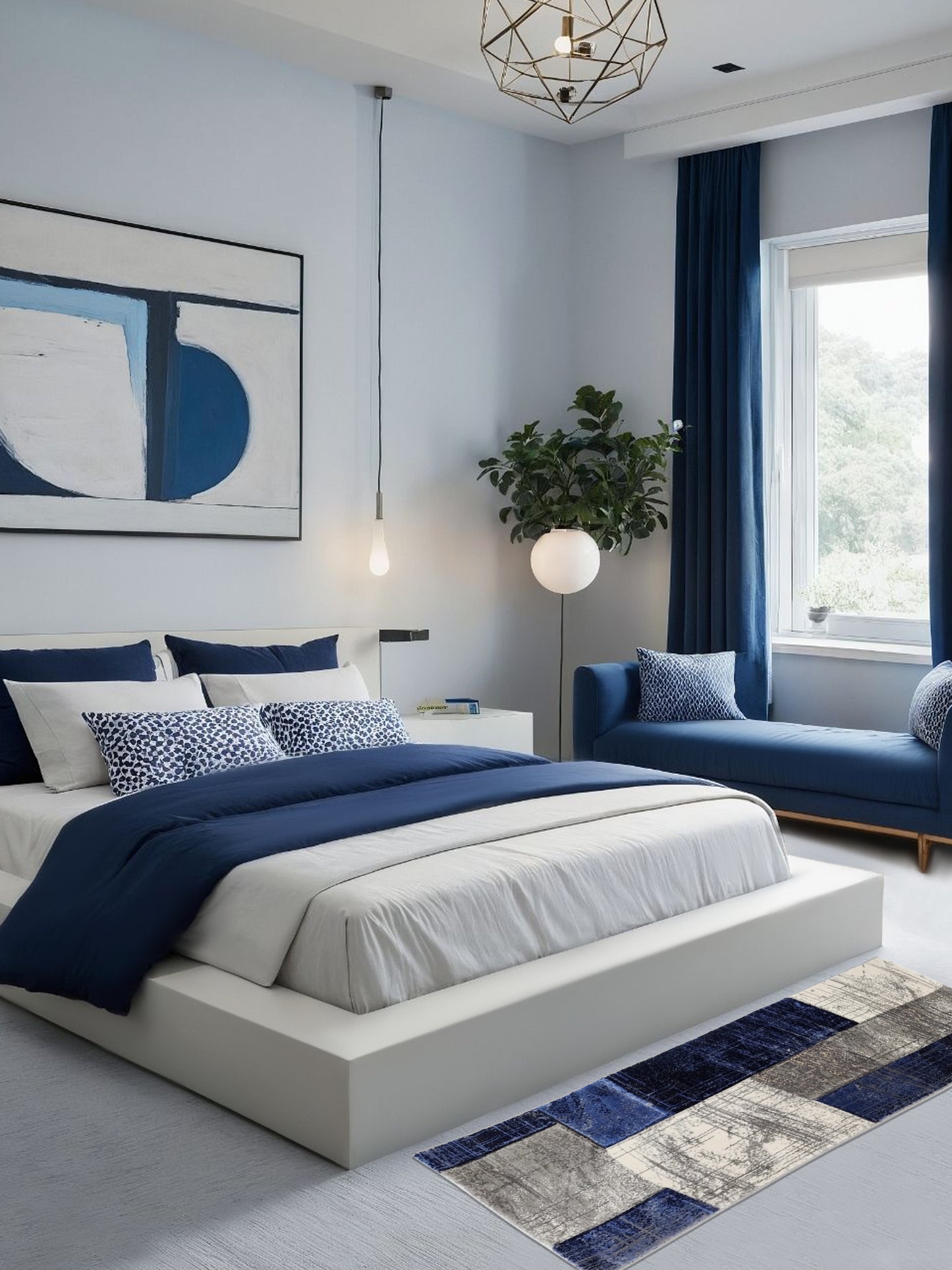 Blue Grey Abstract Block Runner – Modern Plush Textured Runner