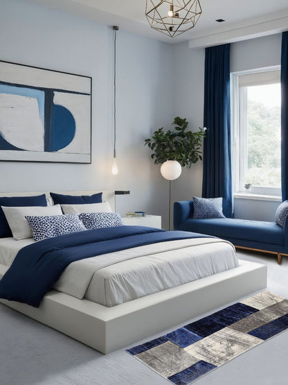 Blue Grey Abstract Block Runner – Modern Plush Textured Runner